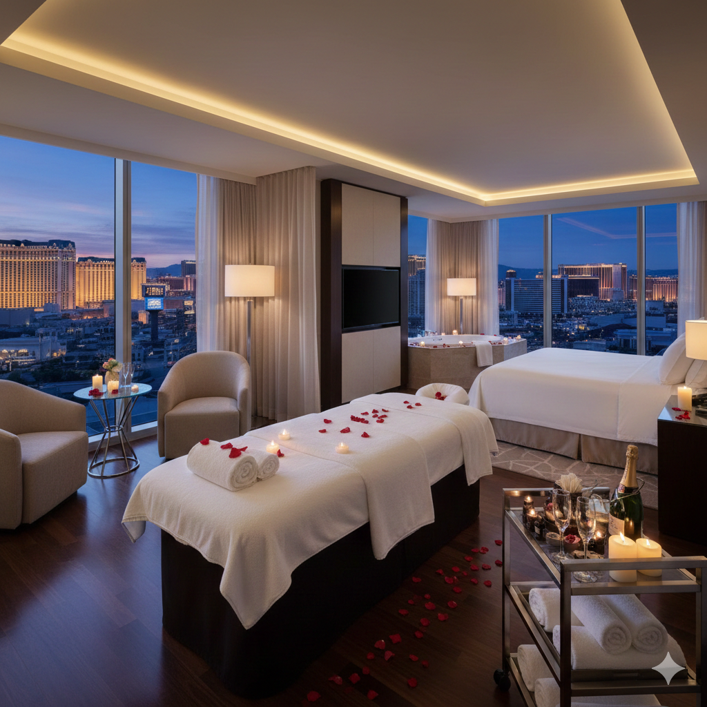 Luxury in-suite massage service in Las Vegas featuring a private treatment table, rose petals, and a panoramic view of the city skyline at night.